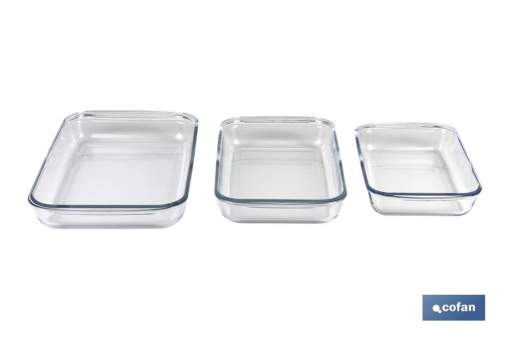 Set de 3 fuentes rectangulares de borosilicato Modelo Baritina I Capacidad: 1600 ml - 2200 ml - 3000 ml